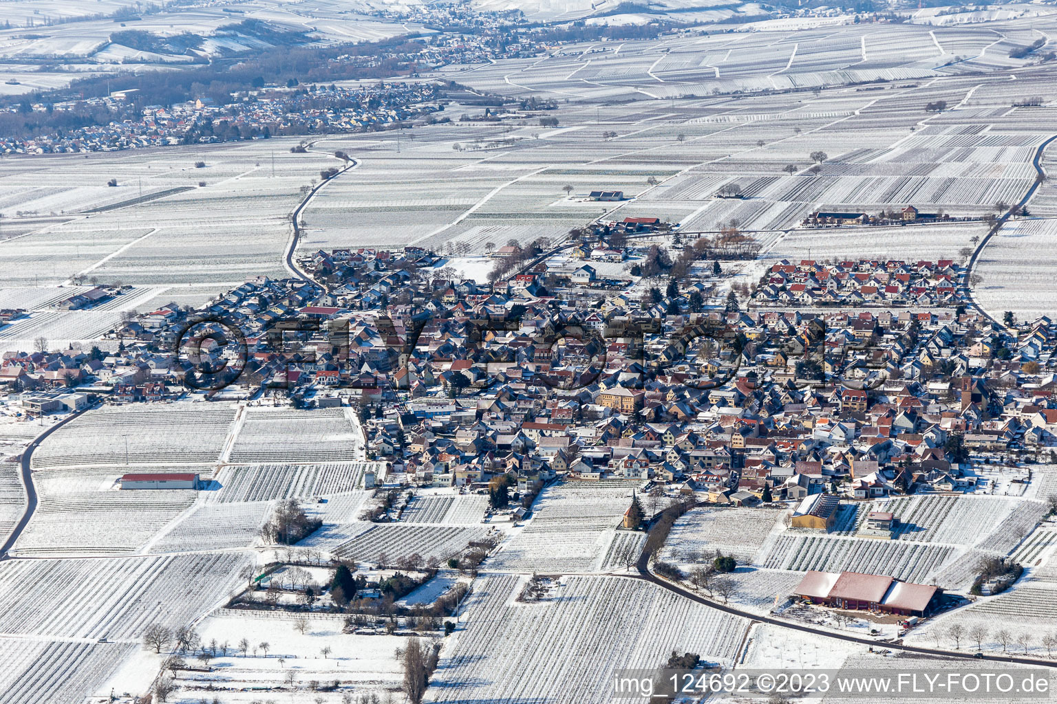 Aerial view of Winter aerial view in the snow in the district Nußdorf in Landau in der Pfalz in the state Rhineland-Palatinate, Germany