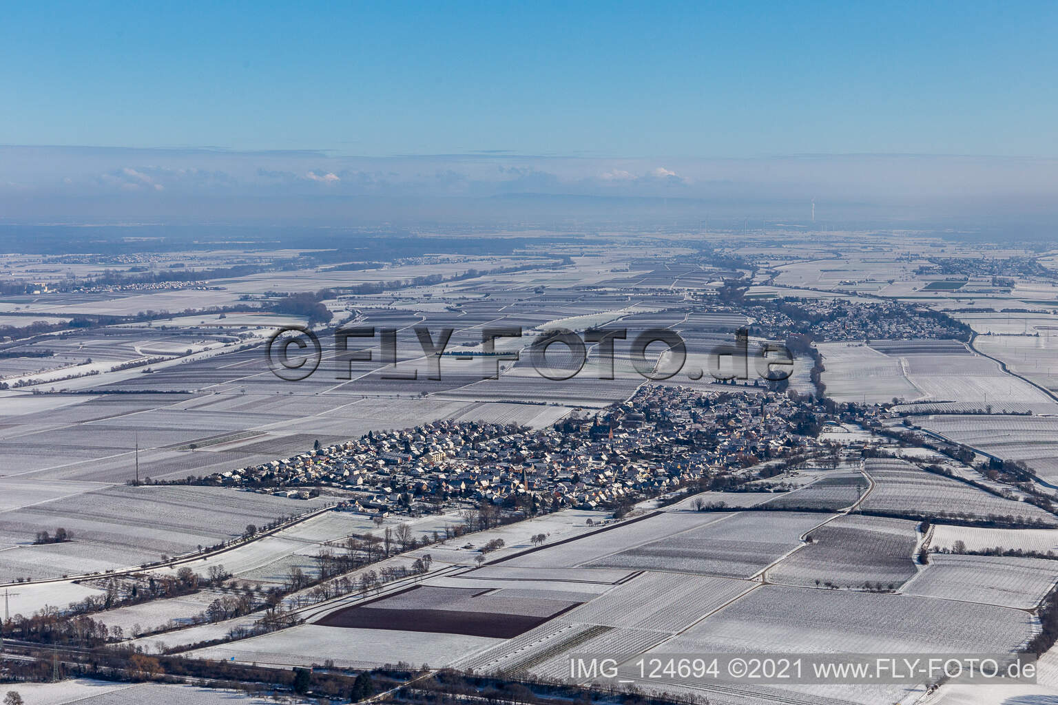 Winter aerial view in the snow in Essingen in the state Rhineland-Palatinate, Germany