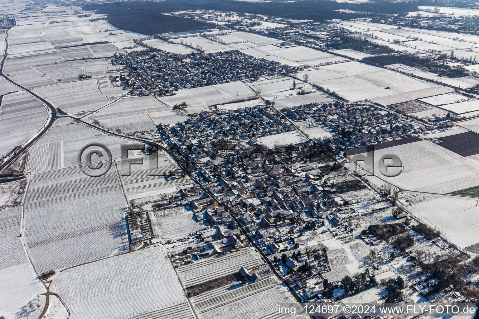 Winter aerial view in the snow in the district Dammheim in Landau in der Pfalz in the state Rhineland-Palatinate, Germany