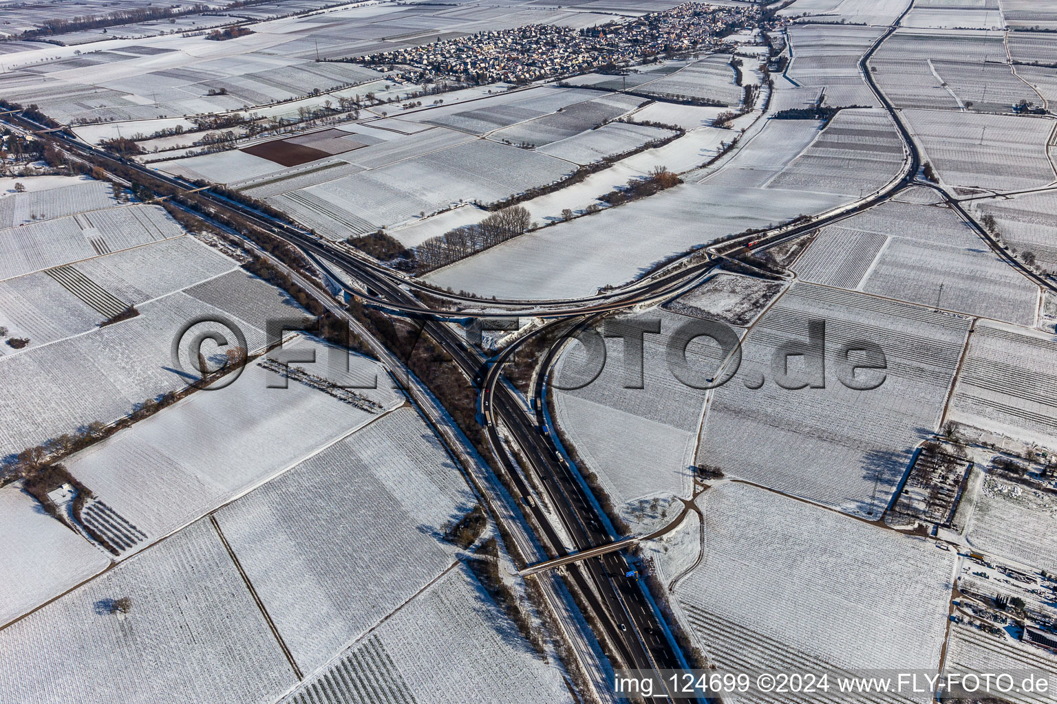 Winter aerial view in the snow Landau Nord motorway exit in the district Dammheim in Landau in der Pfalz in the state Rhineland-Palatinate, Germany