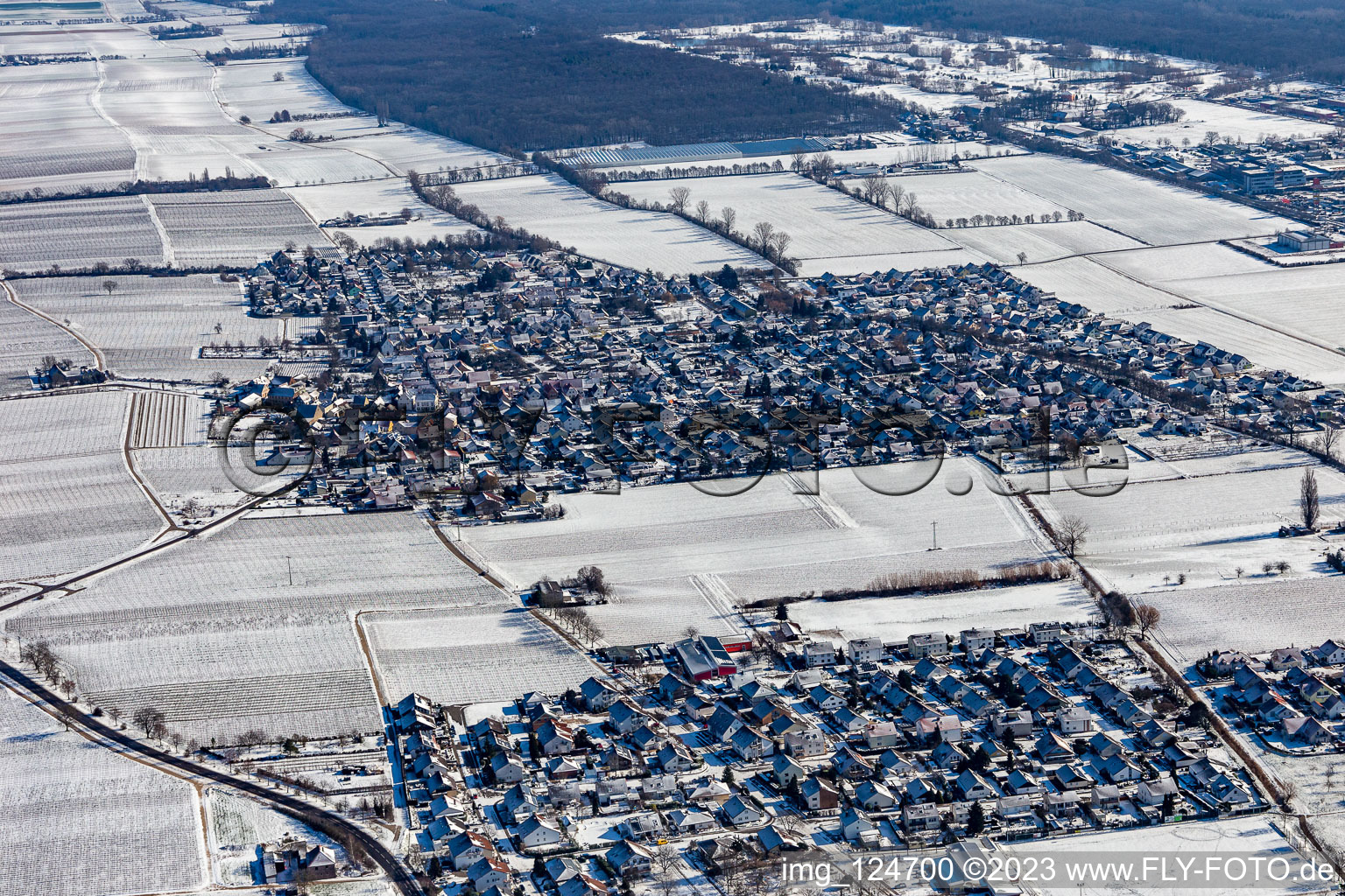 Winter aerial view in the snow in Bornheim in the state Rhineland-Palatinate, Germany