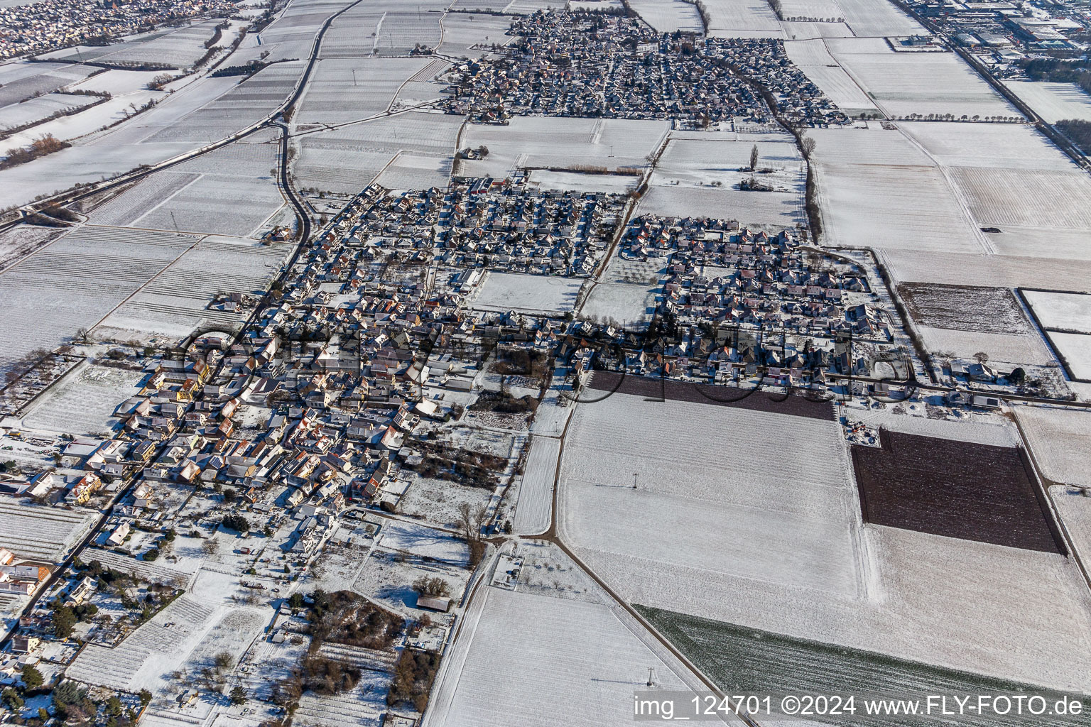 Aerial view of Winter aerial view in the snow in the district Dammheim in Landau in der Pfalz in the state Rhineland-Palatinate, Germany