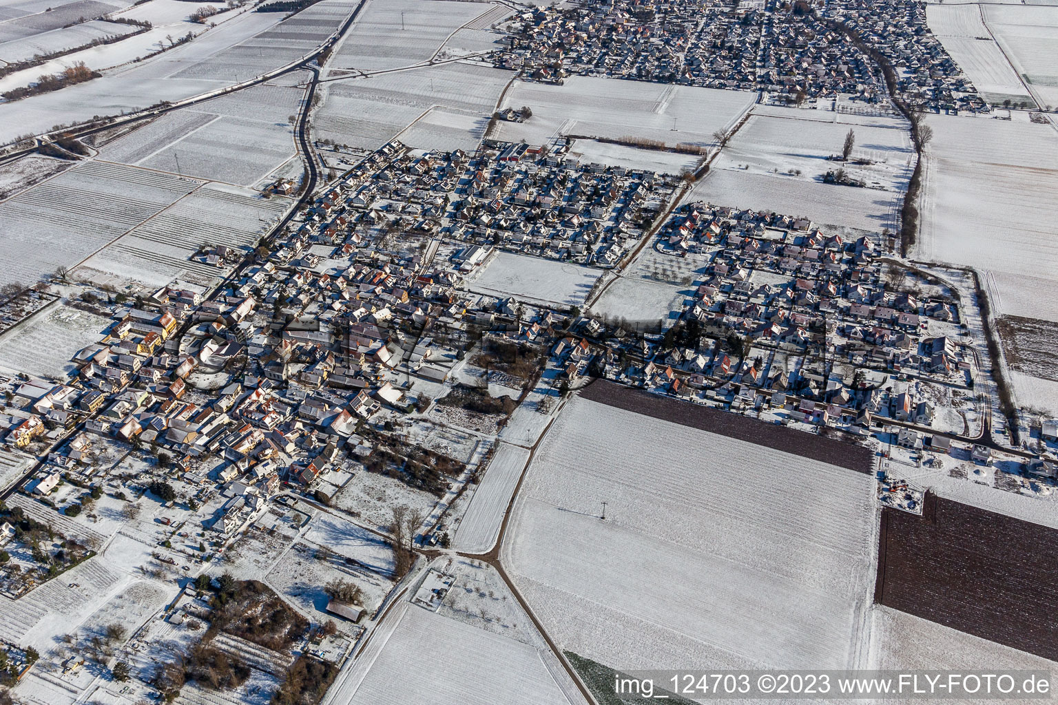 Aerial view of Winter aerial view in the snow in the district Dammheim in Landau in der Pfalz in the state Rhineland-Palatinate, Germany