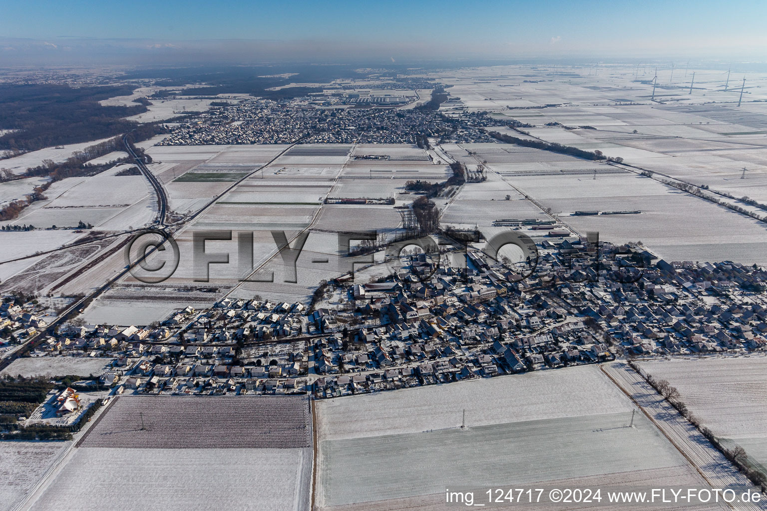 Aerial view of Winter aerial view in the snow in the district Mörlheim in Landau in der Pfalz in the state Rhineland-Palatinate, Germany