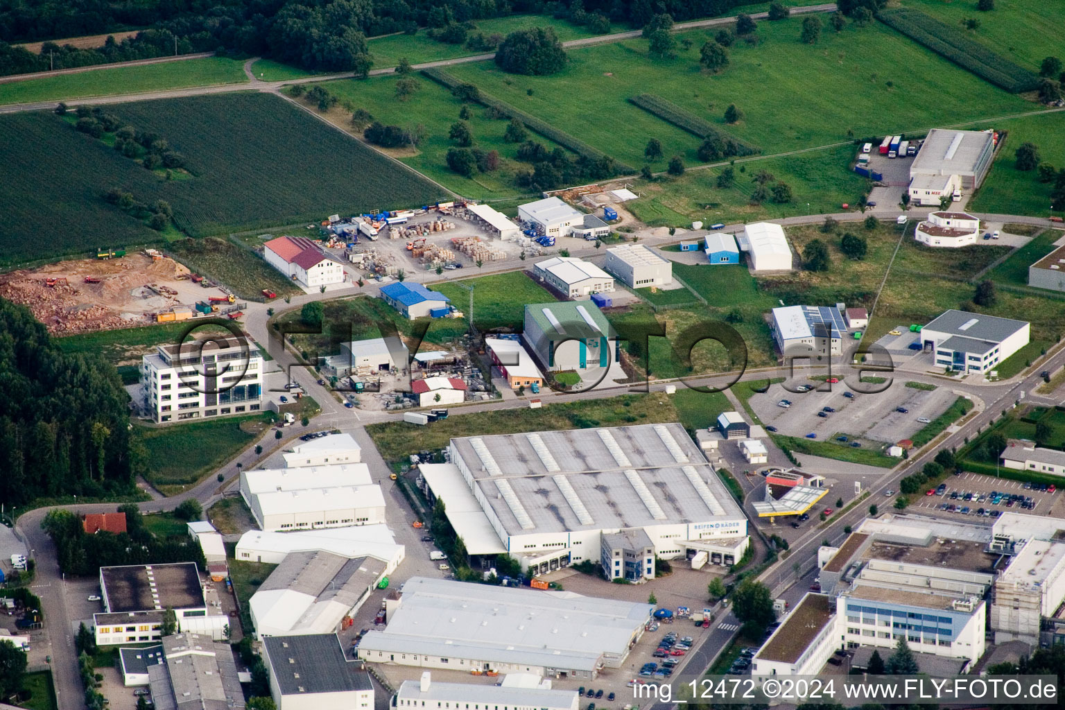 Bird's eye view of Ittersbach, industrial area in the district Im Stockmädle in Karlsbad in the state Baden-Wuerttemberg, Germany