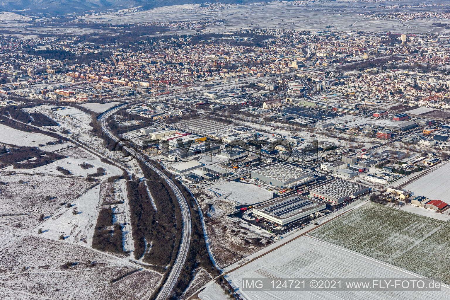 Aerial view of Winter aerial view in the snow in the district Queichheim in Landau in der Pfalz in the state Rhineland-Palatinate, Germany