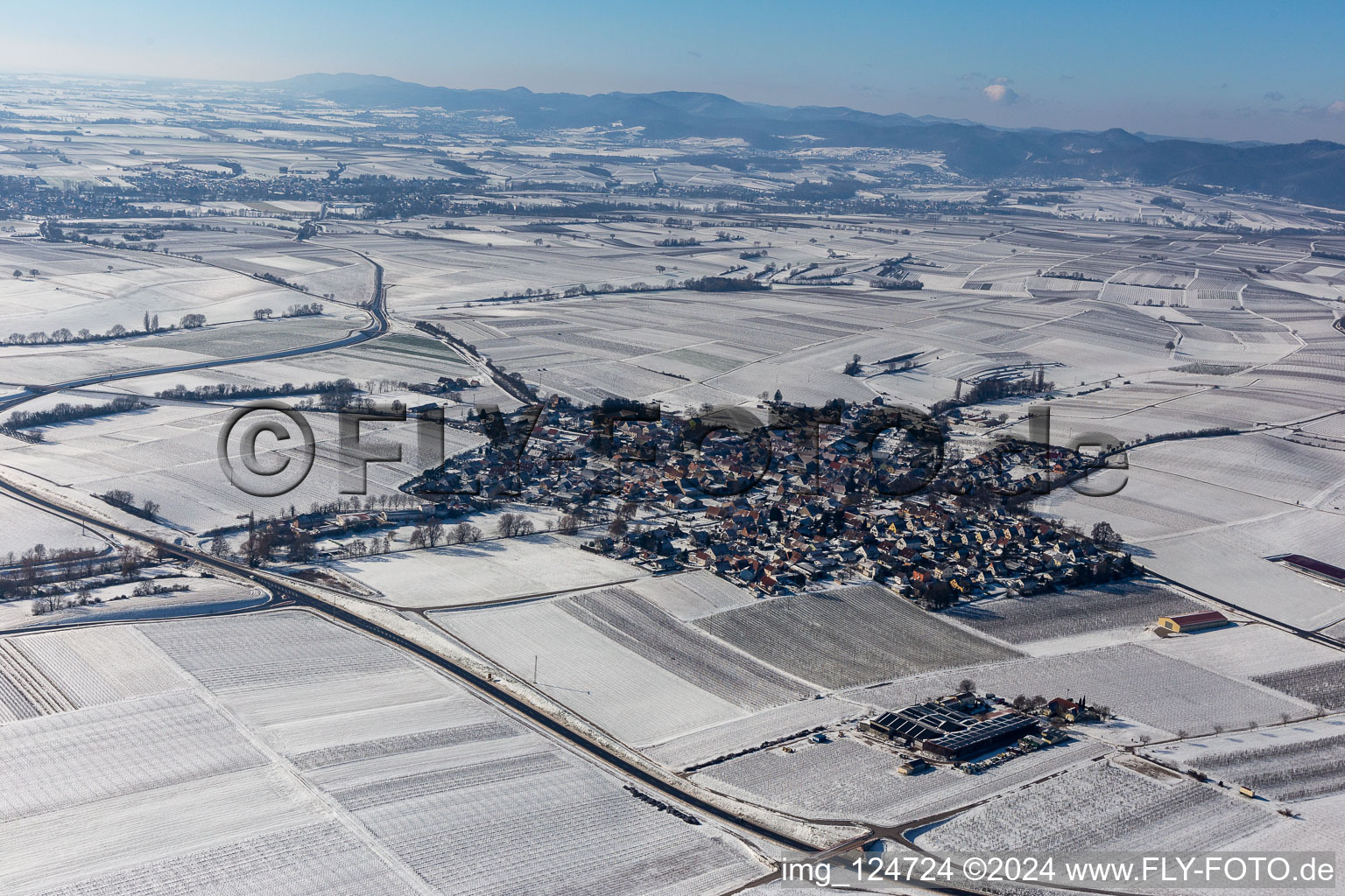 Winter aerial view in the snow in Impflingen in the state Rhineland-Palatinate, Germany