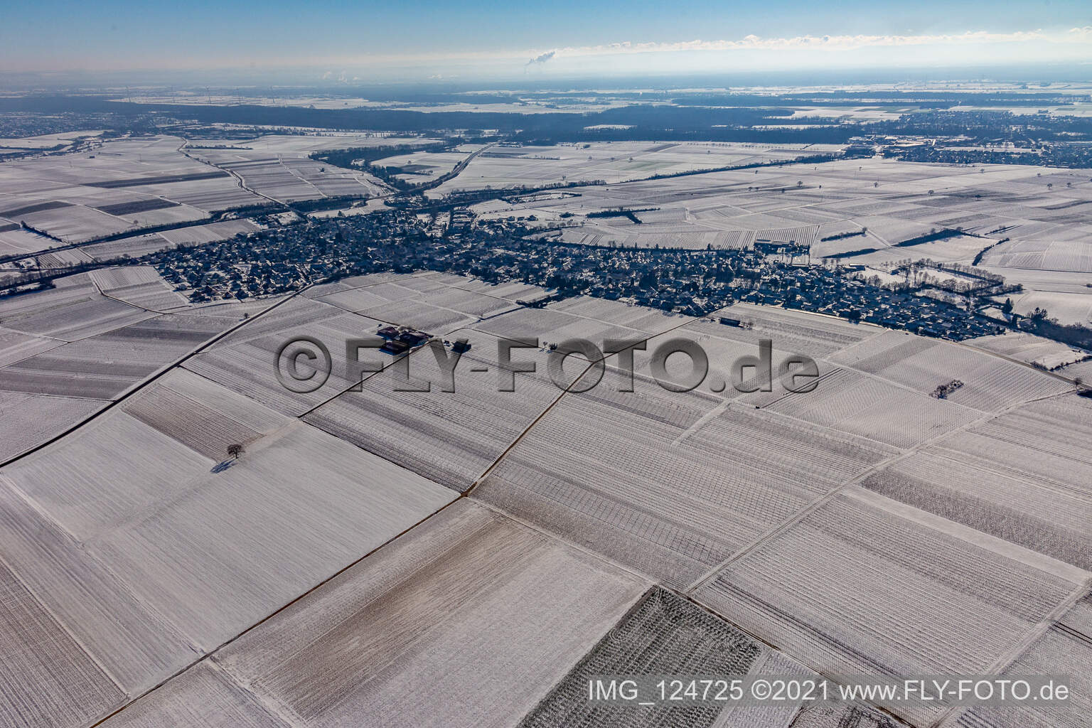 Winter aerial view in the snow in Insheim in the state Rhineland-Palatinate, Germany