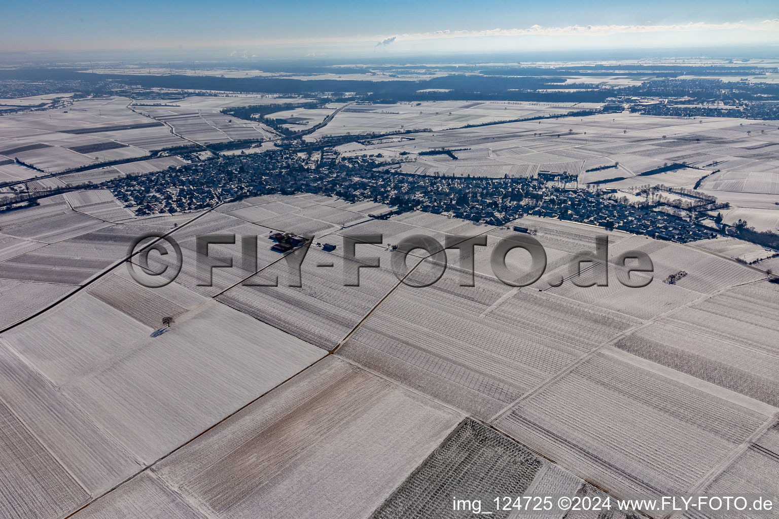 Winter aerial view in the snow in Insheim in the state Rhineland-Palatinate, Germany