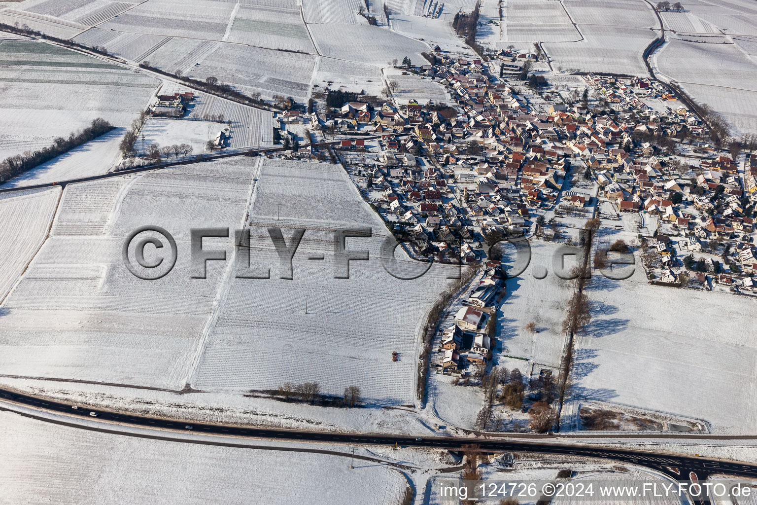 Aerial view of Winter aerial view in the snow in Impflingen in the state Rhineland-Palatinate, Germany