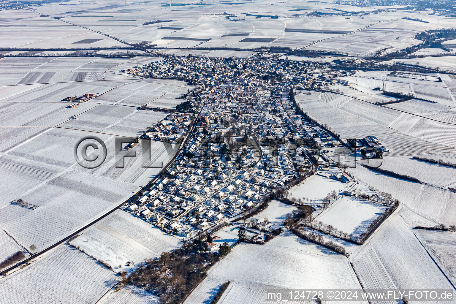 Aerial view of Winter aerial view in the snow in Insheim in the state Rhineland-Palatinate, Germany