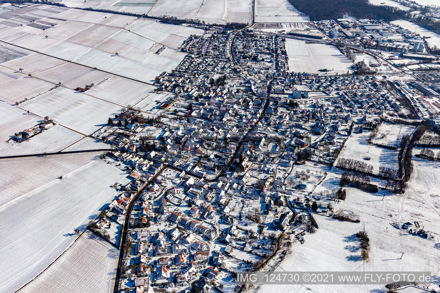 Aerial view of Winter aerial view in the snow in Rohrbach in the state Rhineland-Palatinate, Germany