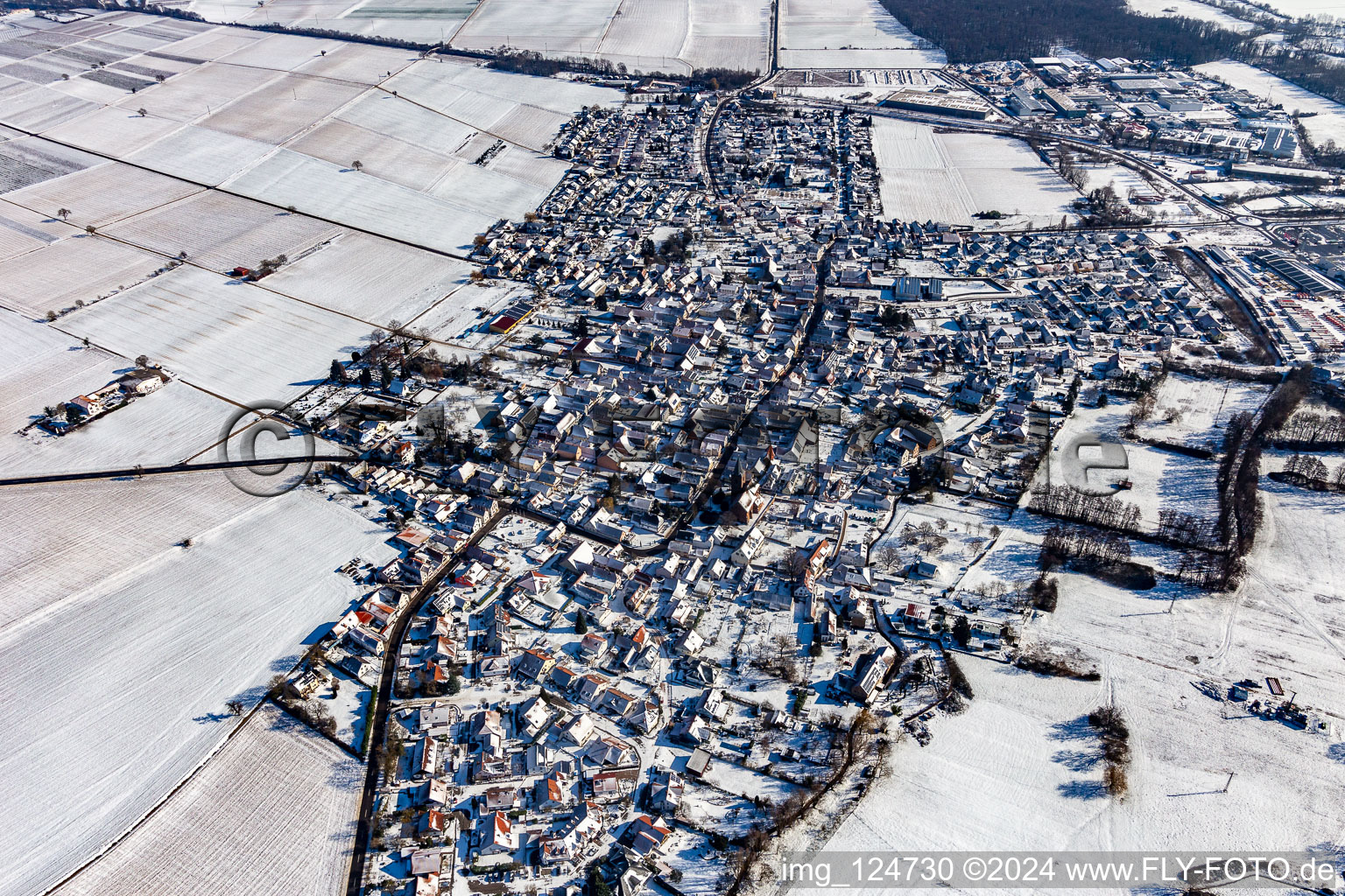 Aerial view of Winter aerial view in the snow in Rohrbach in the state Rhineland-Palatinate, Germany