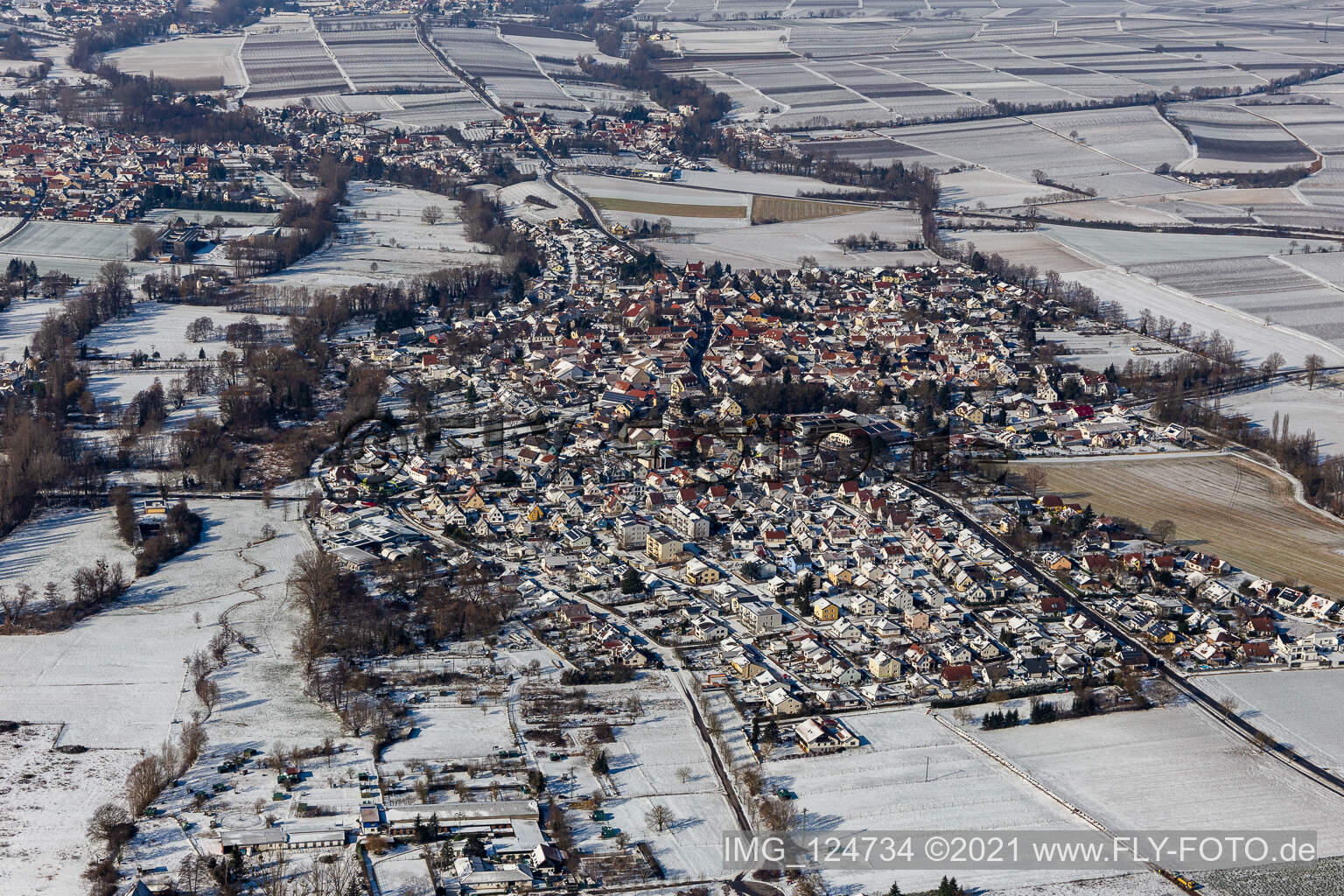 Winter aerial view in the snow Billigheim in the district Billigheim in Billigheim-Ingenheim in the state Rhineland-Palatinate, Germany