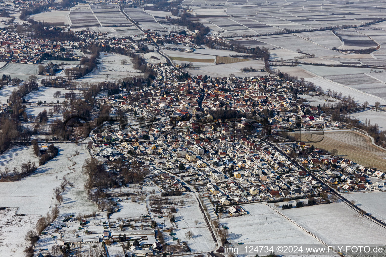 Winter aerial view in snow Billigheim in the district Billigheim in Billigheim-Ingenheim in the state Rhineland-Palatinate, Germany