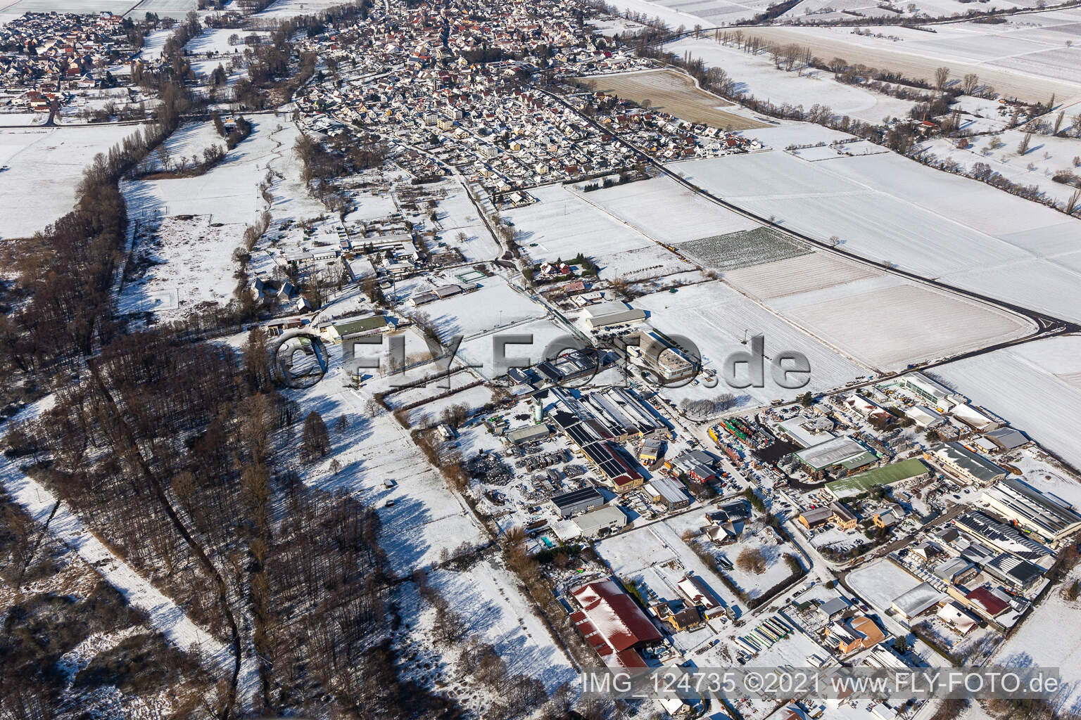 Winter aerial view in the snow industrial area Billigheim in the district Billigheim in Billigheim-Ingenheim in the state Rhineland-Palatinate, Germany