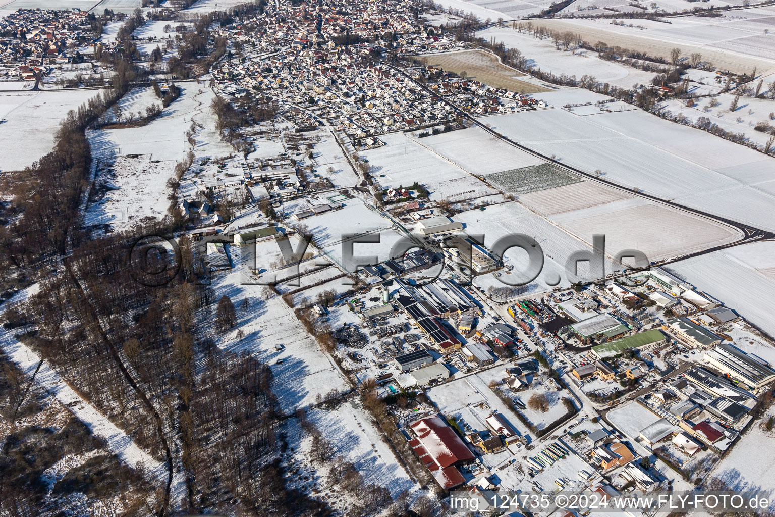 Winter aerial view in snow industrial area Billigheim in the district Billigheim in Billigheim-Ingenheim in the state Rhineland-Palatinate, Germany