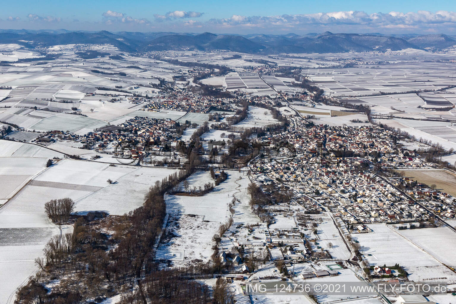 Aerial view of Winter aerial view in the snow Billigheim in the district Billigheim in Billigheim-Ingenheim in the state Rhineland-Palatinate, Germany