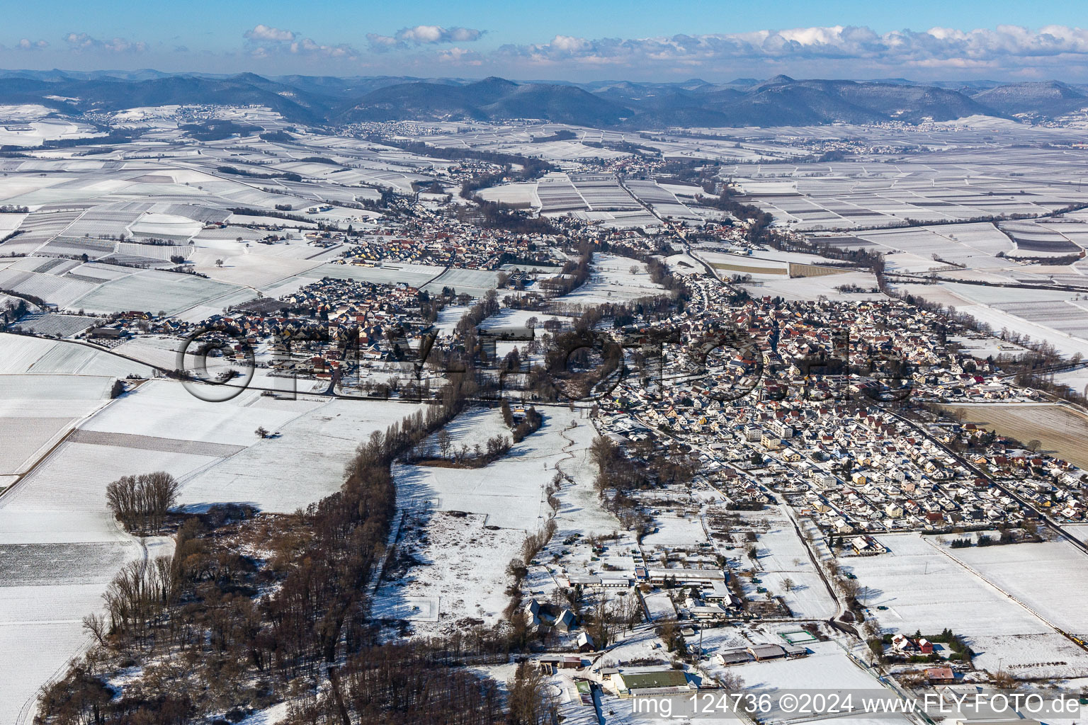 Aerial view of Winter aerial view in snow Billigheim in the district Billigheim in Billigheim-Ingenheim in the state Rhineland-Palatinate, Germany