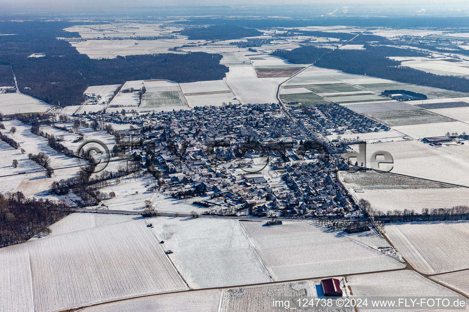 Aerial view of Winter aerial view in the snow in Steinweiler in the state Rhineland-Palatinate, Germany