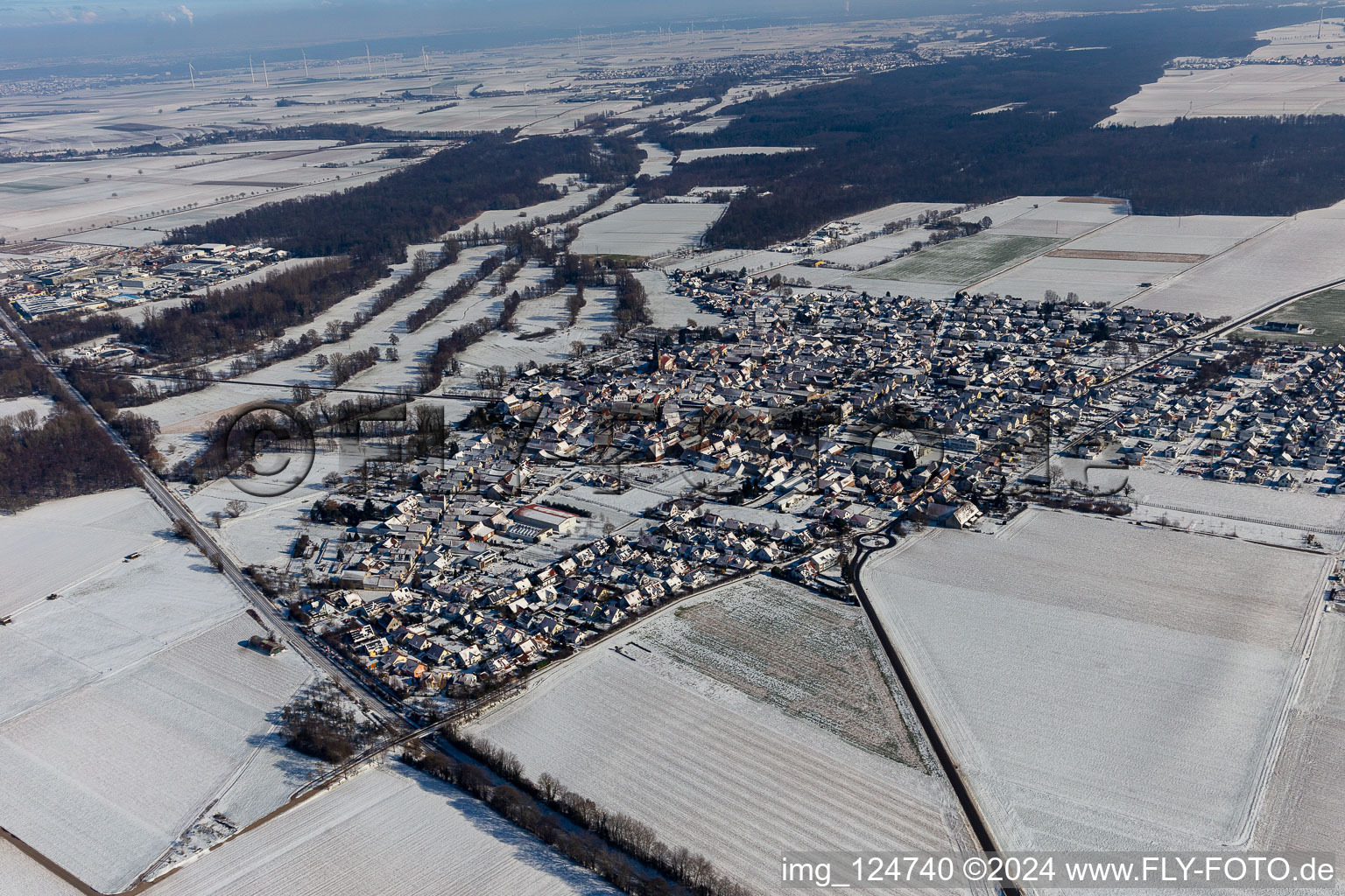 Aerial view of Winter aerial view in the snow in Steinweiler in the state Rhineland-Palatinate, Germany