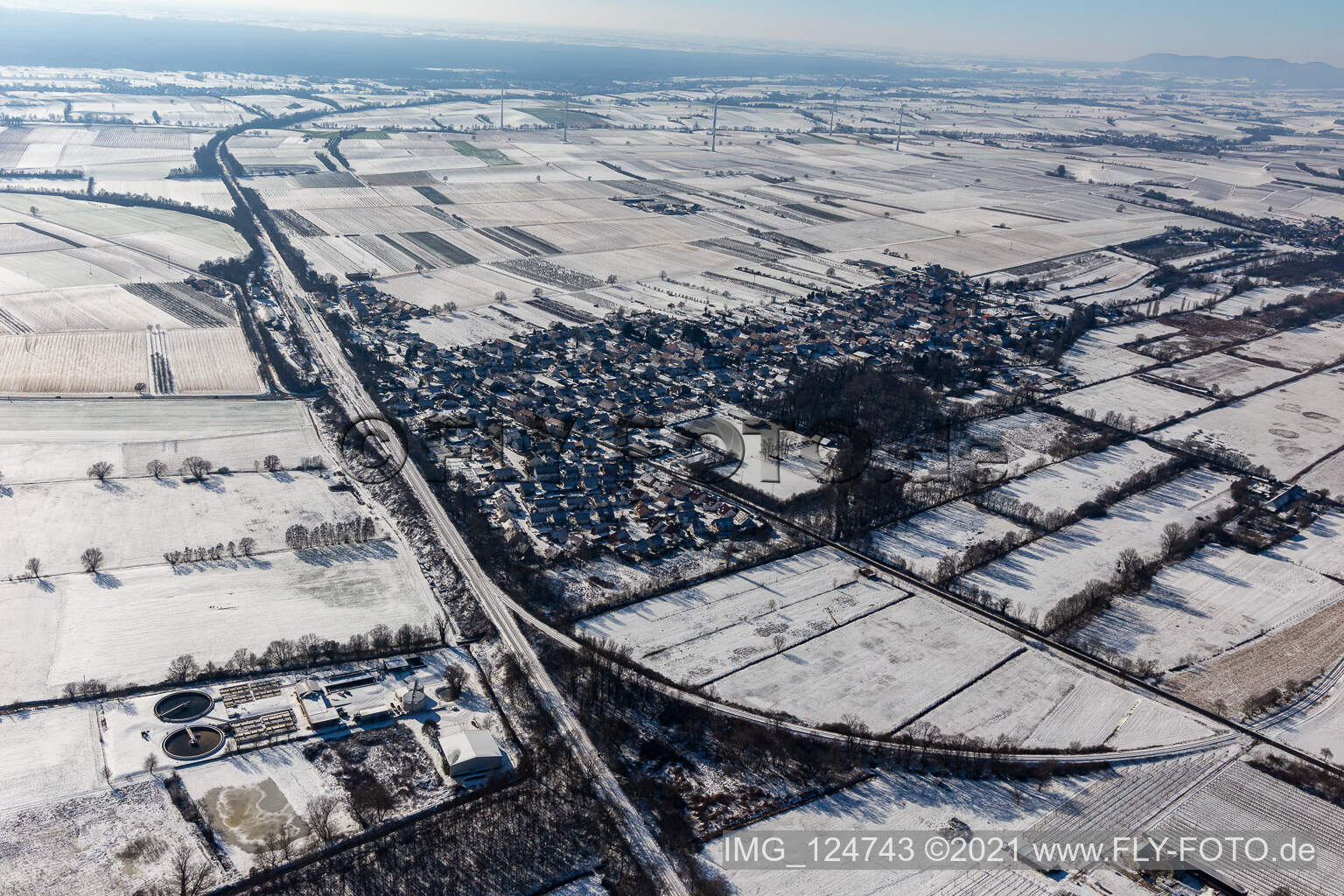 Winter aerial view in the snow in Winden in the state Rhineland-Palatinate, Germany