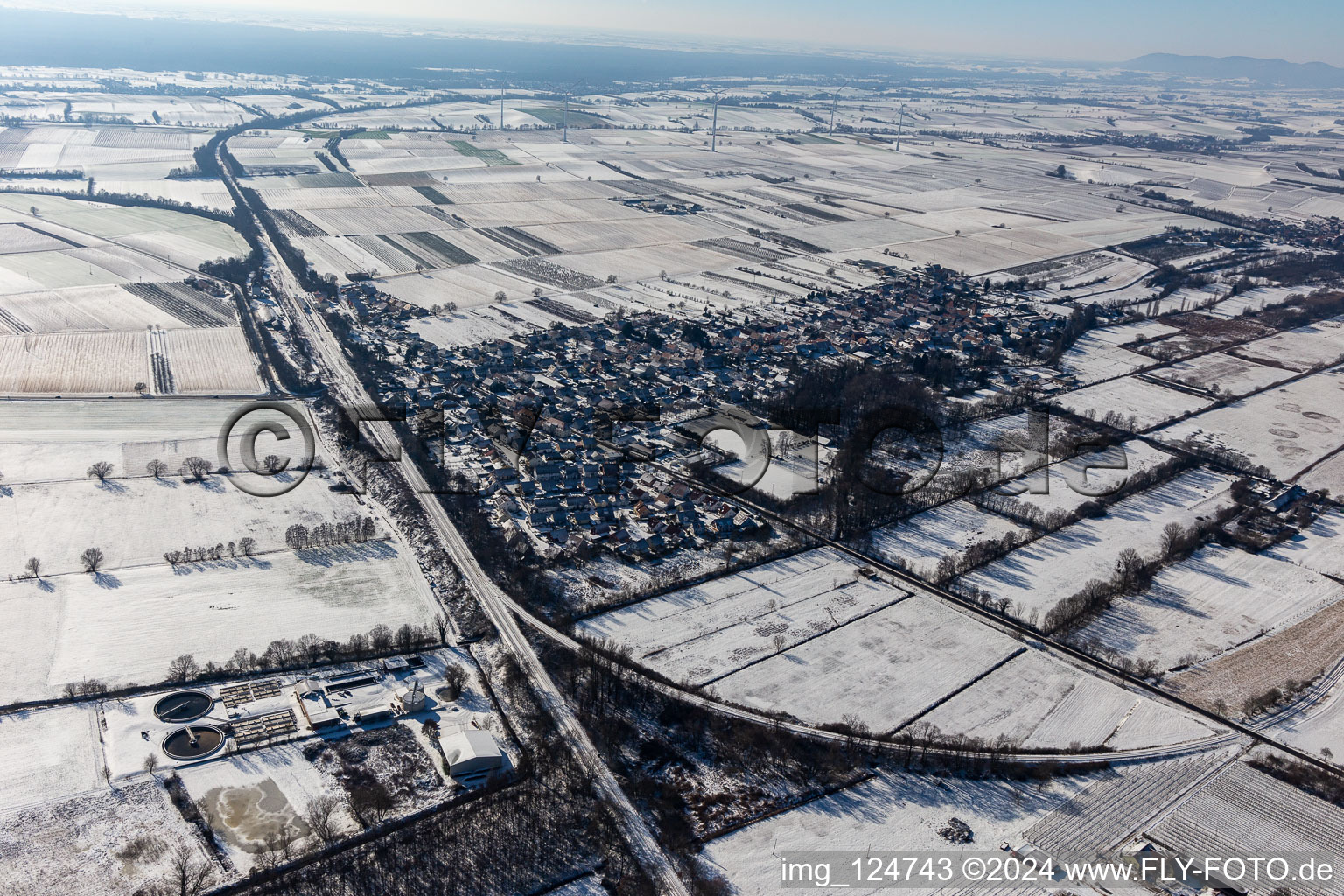 Winter aerial view in the snow in Winden in the state Rhineland-Palatinate, Germany