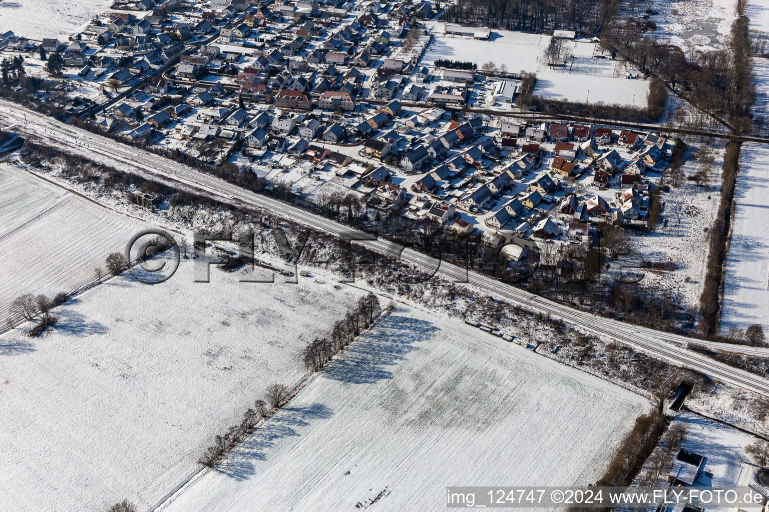 Winter aerial view in the snow in the rose garden in Winden in the state Rhineland-Palatinate, Germany