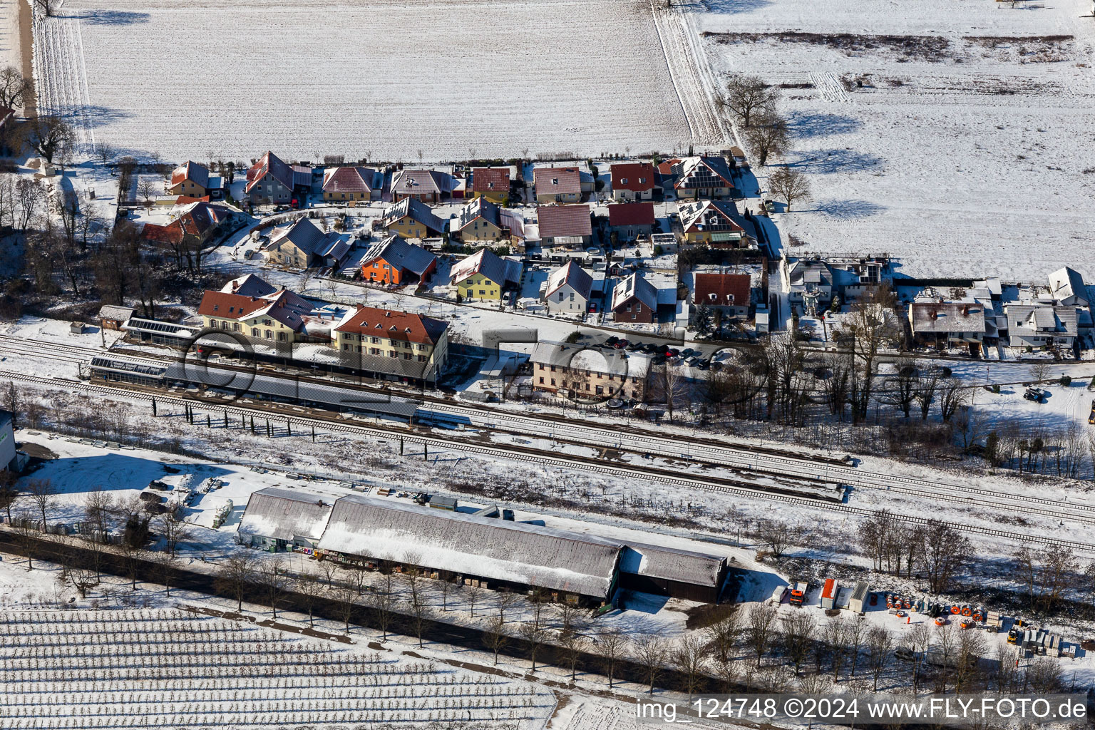 Winter aerial view of snow station in Winden in the state Rhineland-Palatinate, Germany