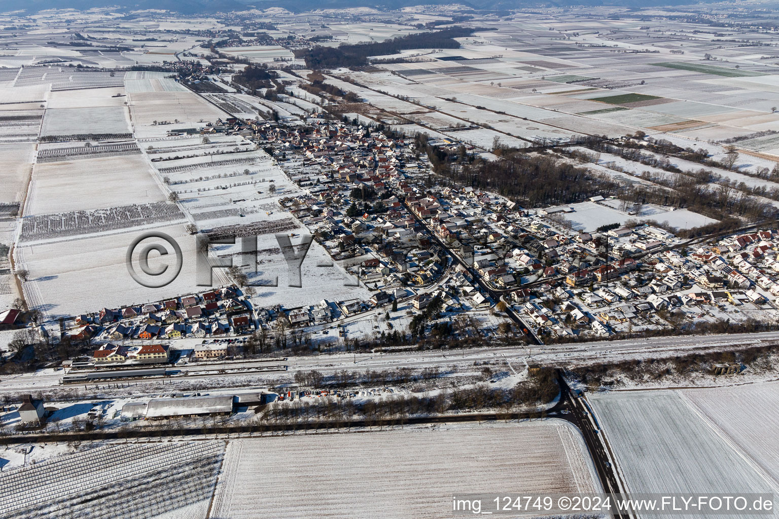 Aerial view of Winter aerial view in the snow in Winden in the state Rhineland-Palatinate, Germany