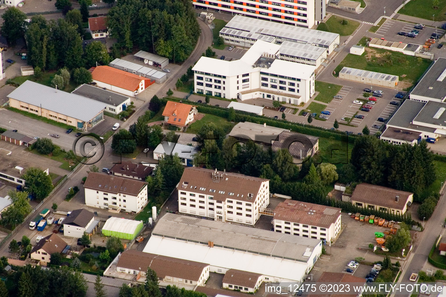 Drone recording of Ittersbach, industrial area in the district Im Stockmädle in Karlsbad in the state Baden-Wuerttemberg, Germany