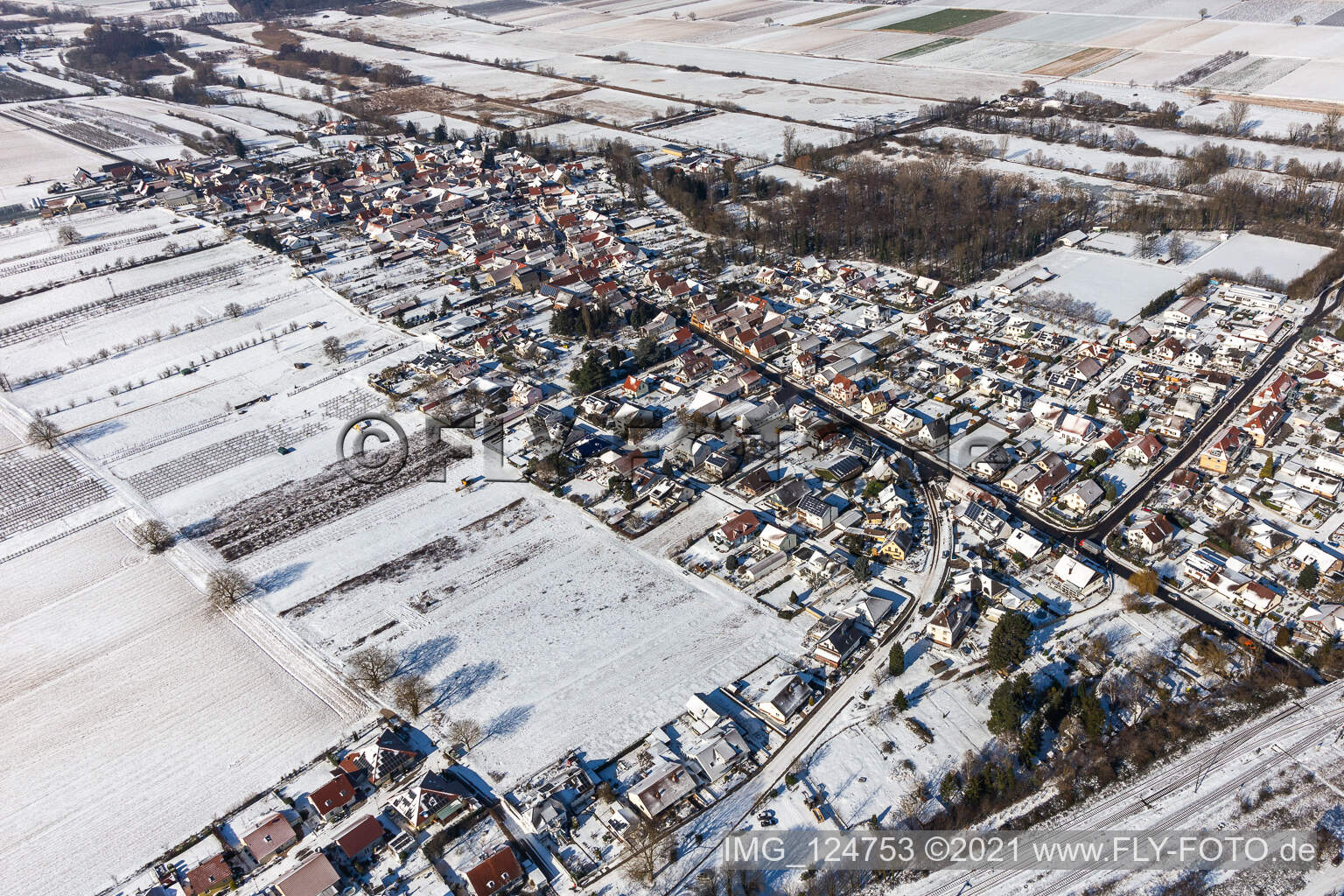 Aerial view of Winter aerial view in the snow in Winden in the state Rhineland-Palatinate, Germany
