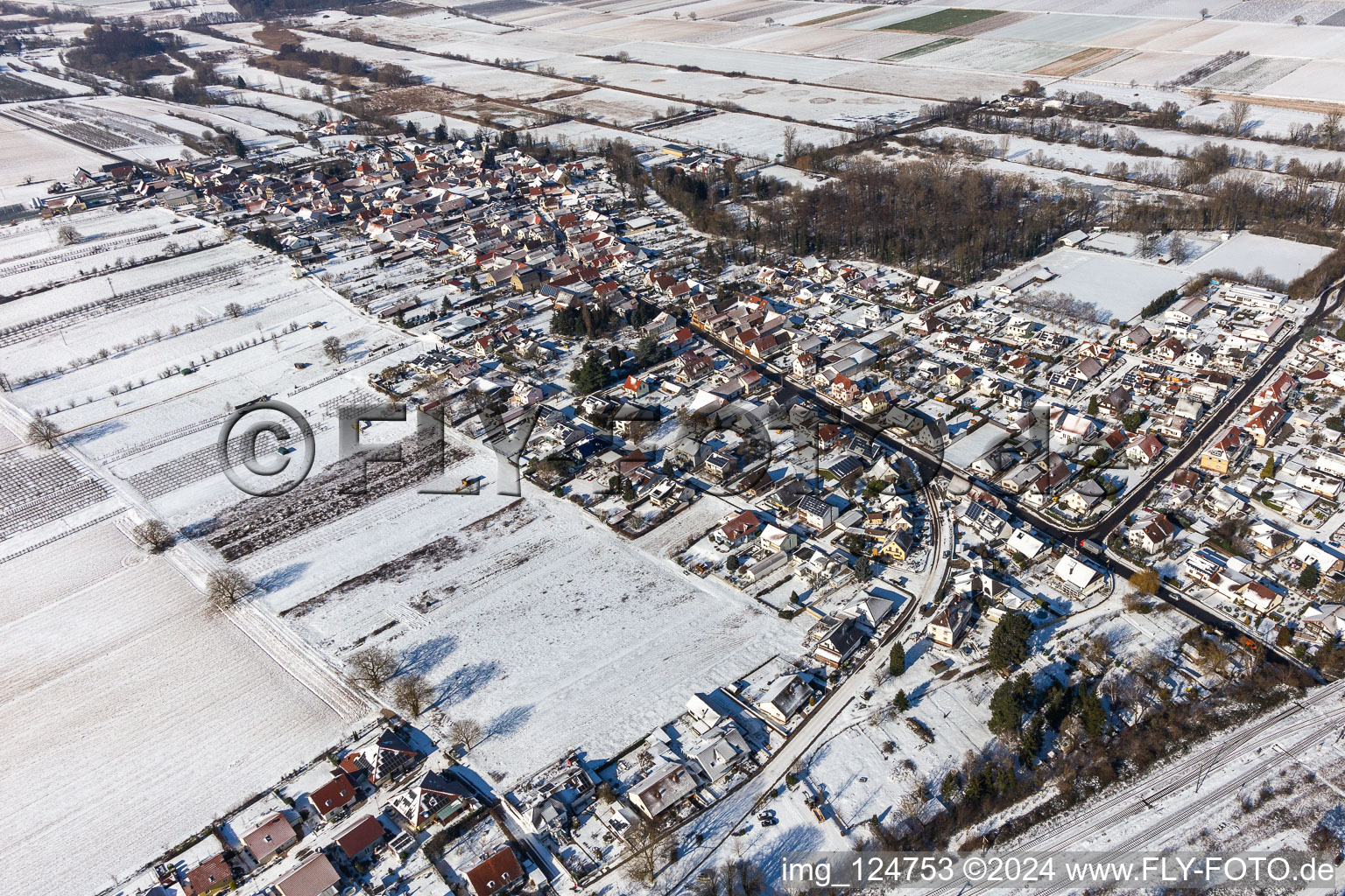 Aerial view of Winter aerial view in the snow in Winden in the state Rhineland-Palatinate, Germany