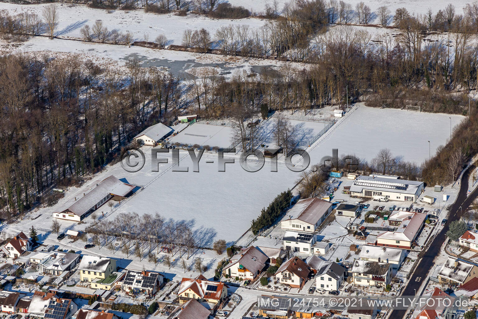 Winter aerial view in snow sports field in Winden in the state Rhineland-Palatinate, Germany