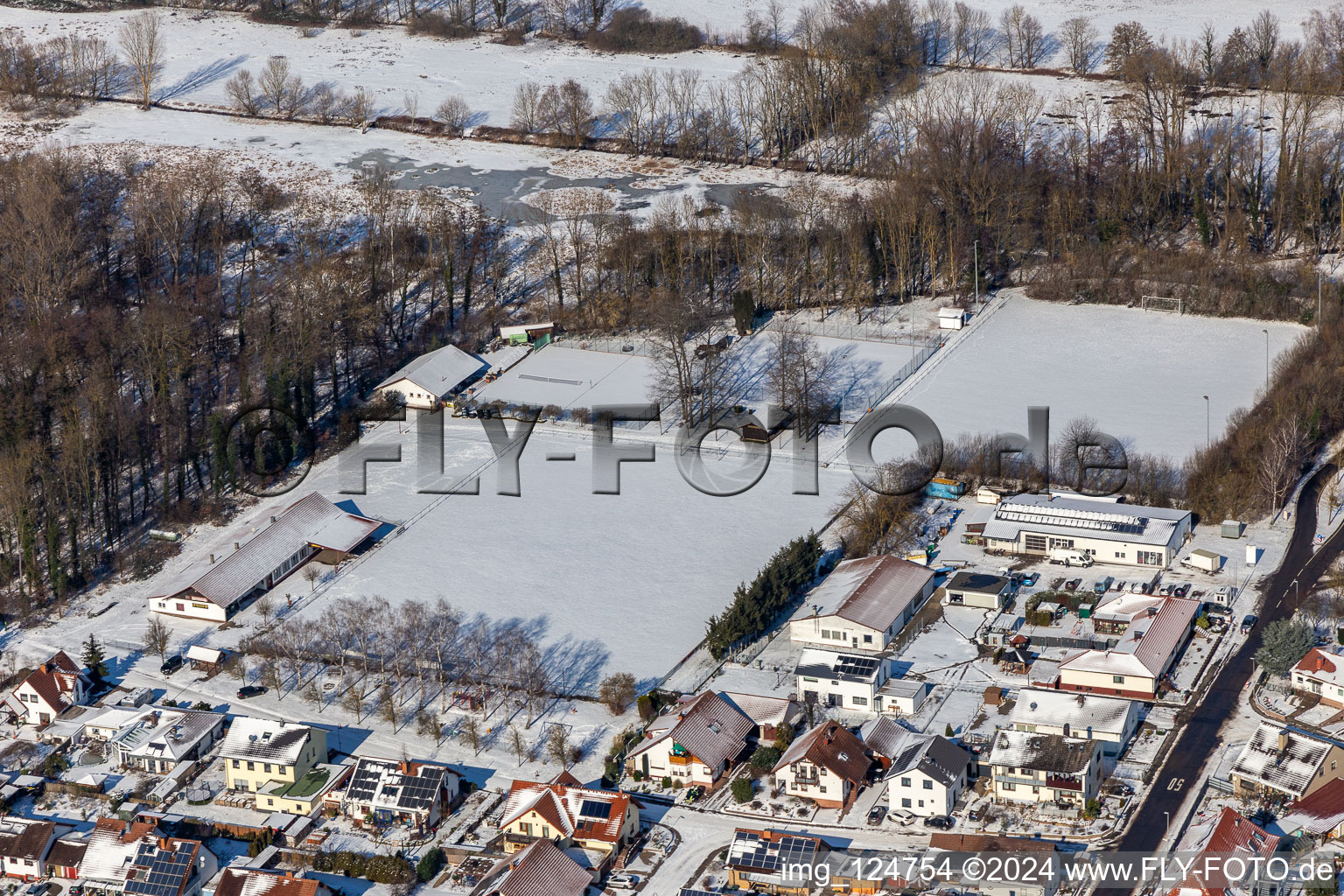 Winter aerial view in snow sports field in Winden in the state Rhineland-Palatinate, Germany