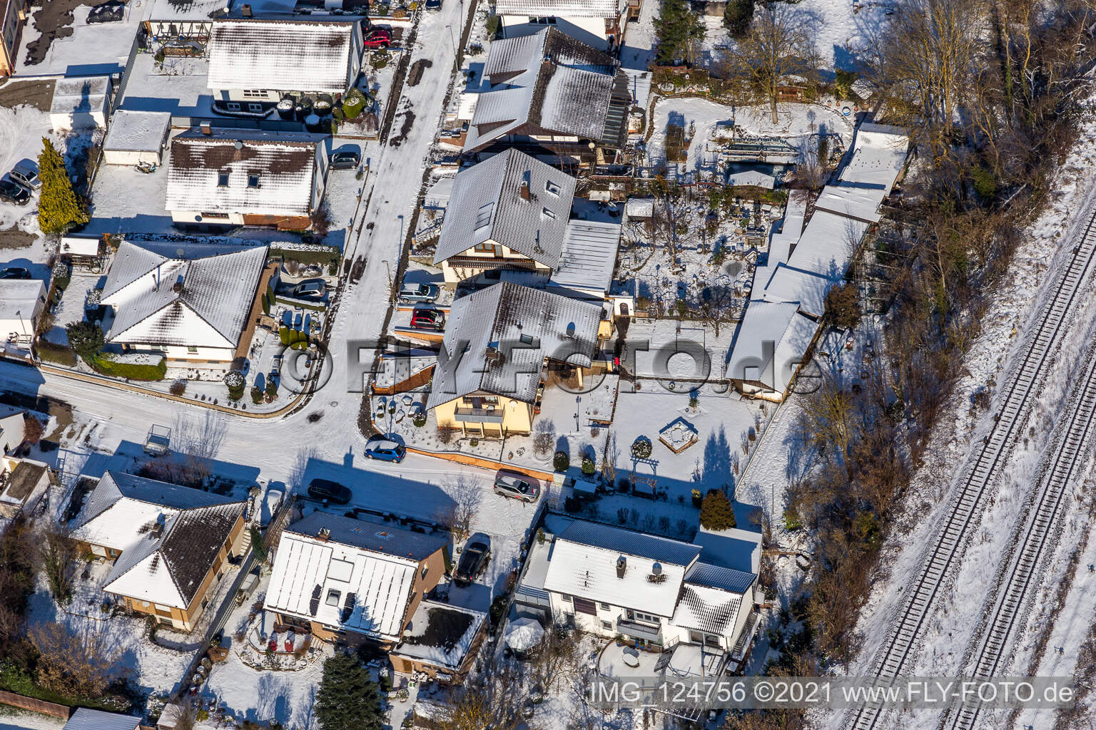 Winter aerial view in the snow from Im Rosengarten in Winden in the state Rhineland-Palatinate, Germany
