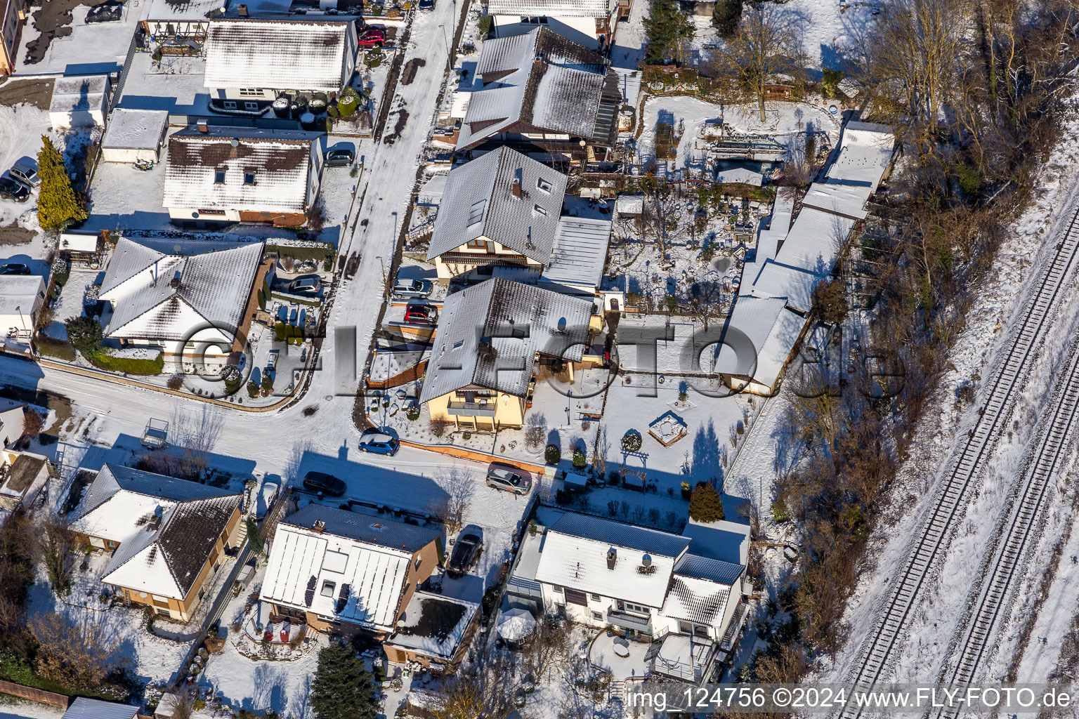 Winter aerial view in the snow from Im Rosengarten in Winden in the state Rhineland-Palatinate, Germany