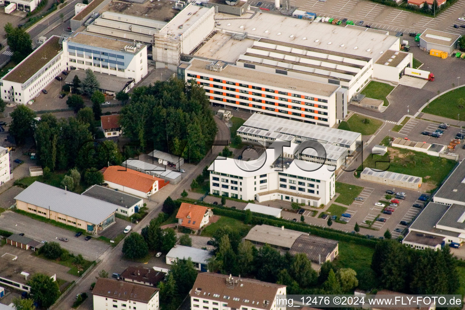 Drone image of Ittersbach, industrial area in the district Im Stockmädle in Karlsbad in the state Baden-Wuerttemberg, Germany