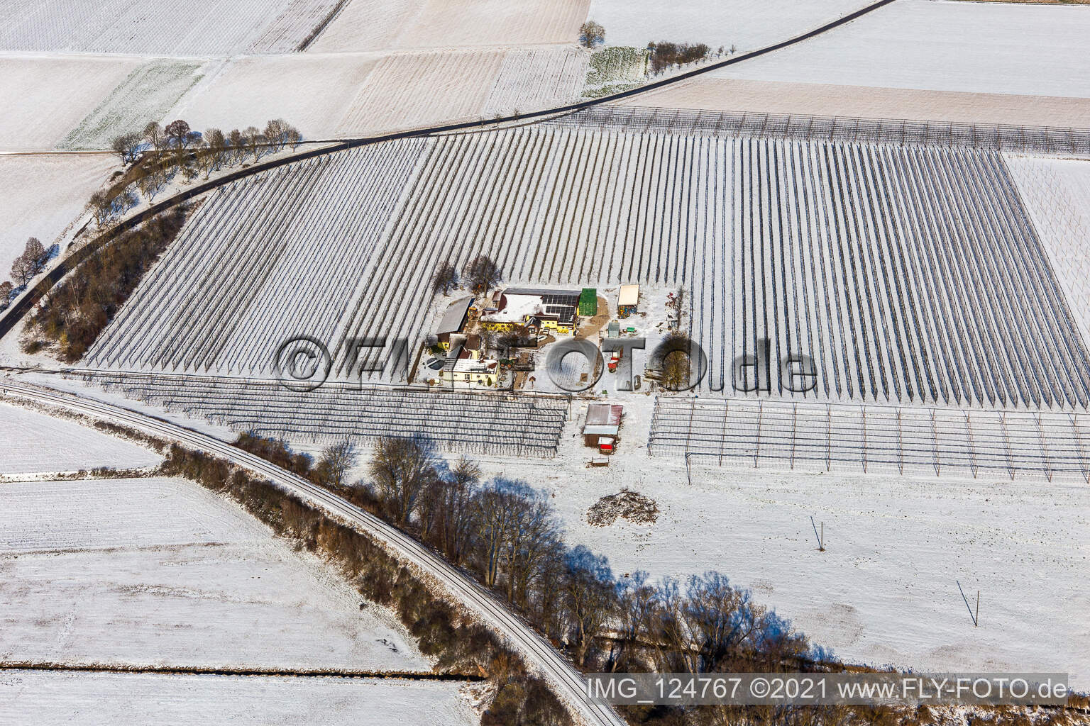 Aerial view of Winter aerial view in the snow of the Gensheimer asparagus and fruit farm in Steinweiler in the state Rhineland-Palatinate, Germany