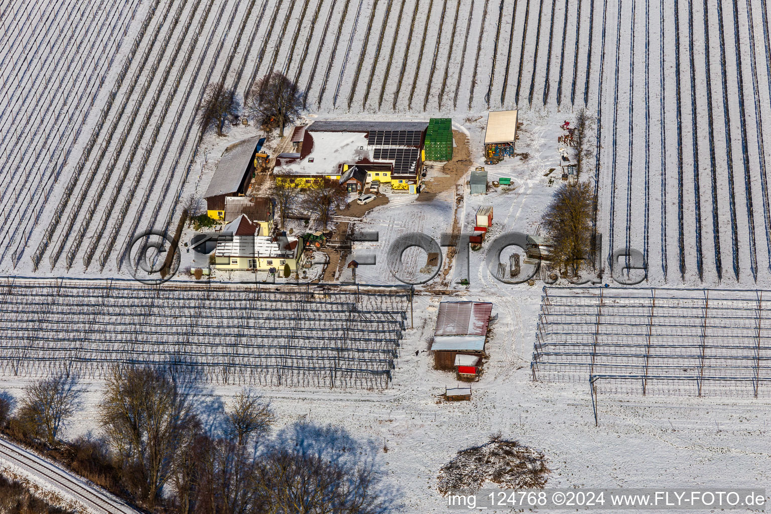 Aerial view of Winter aerial view in the snow of the Gensheimer asparagus and fruit farm in Steinweiler in the state Rhineland-Palatinate, Germany