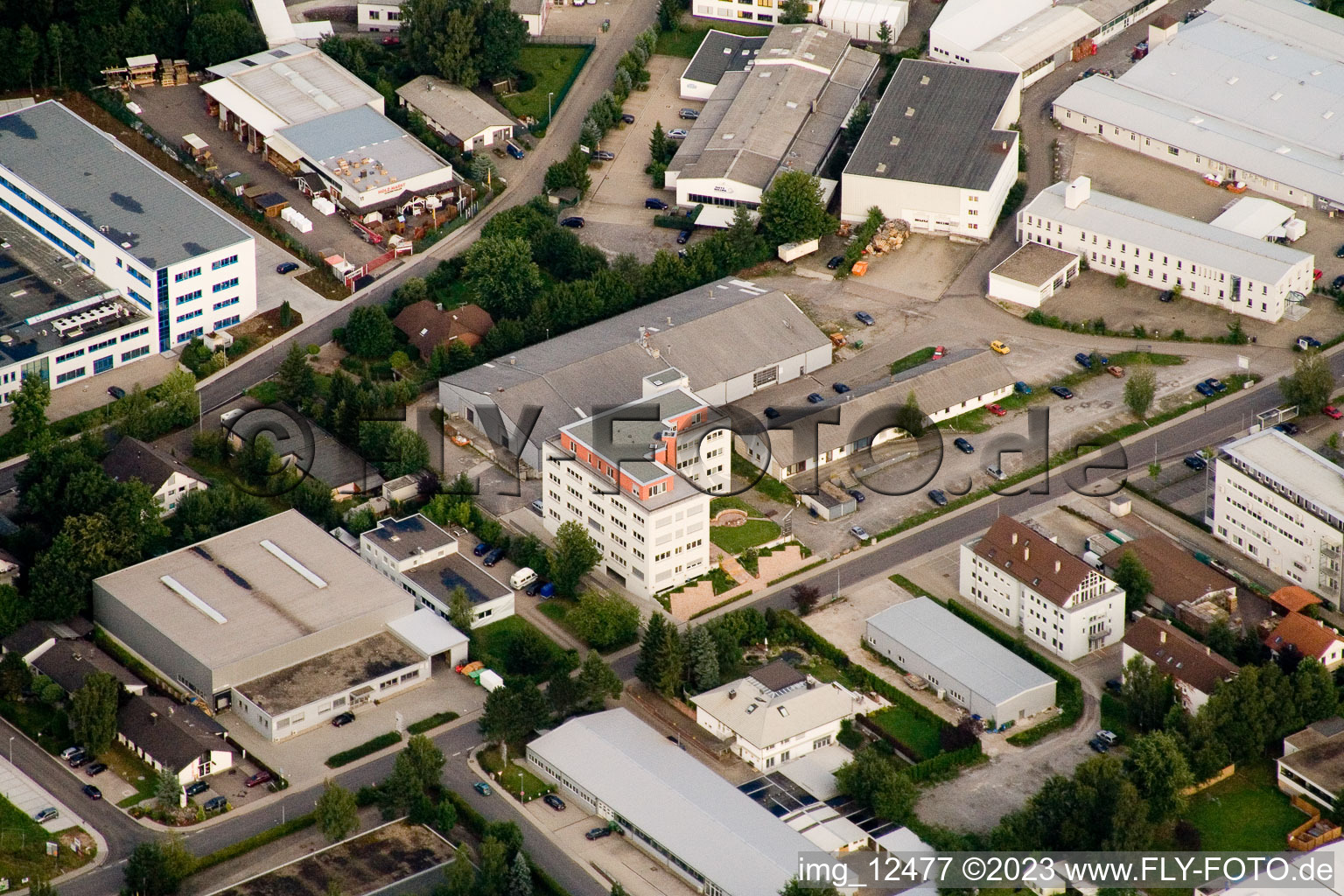 Ittersbach, industrial area in the district Im Stockmädle in Karlsbad in the state Baden-Wuerttemberg, Germany from the drone perspective