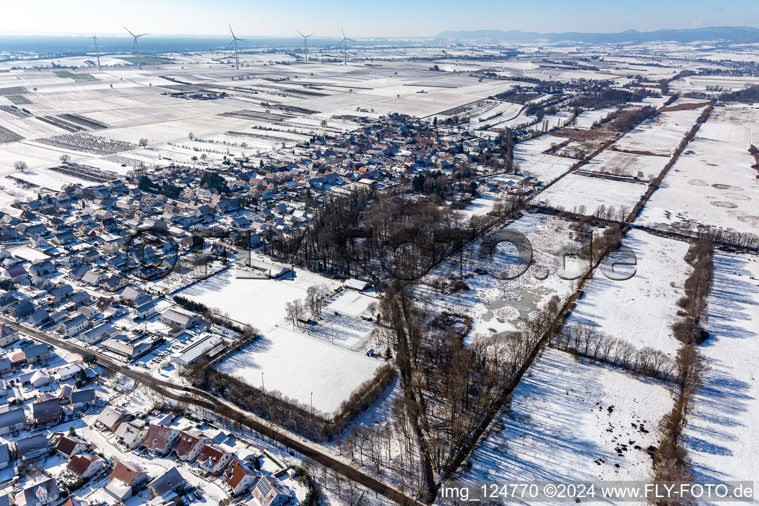 Aerial view of Winter aerial view in the snow in Winden in the state Rhineland-Palatinate, Germany