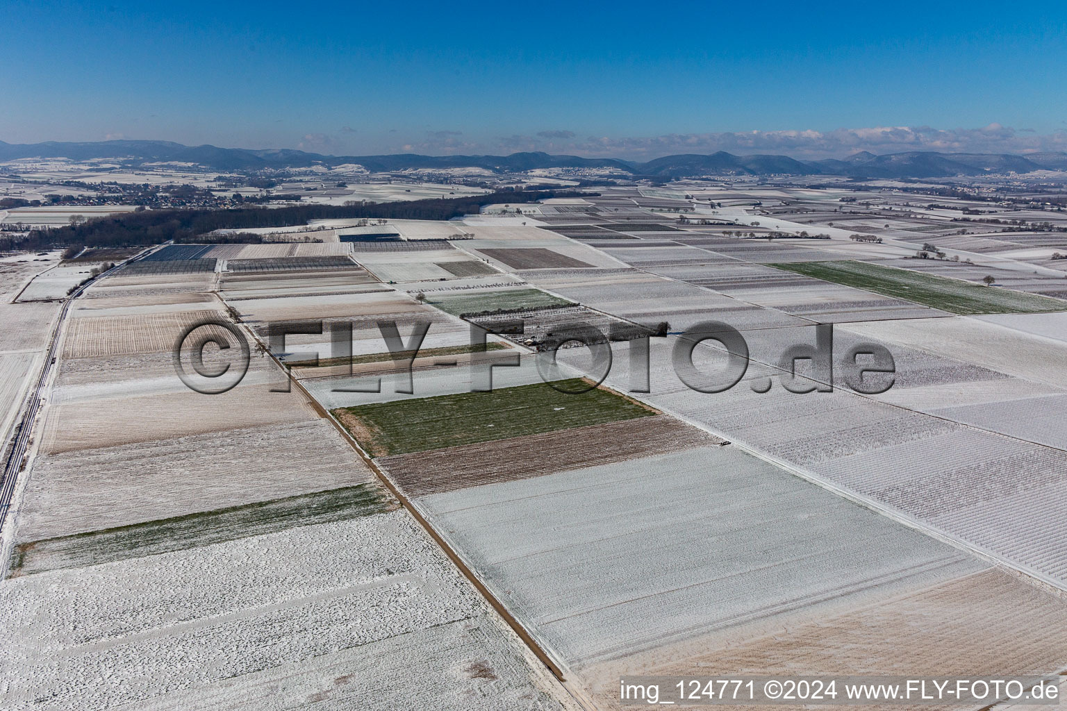 Winter aerial view in the snow in Billigheim-Ingenheim in the state Rhineland-Palatinate, Germany