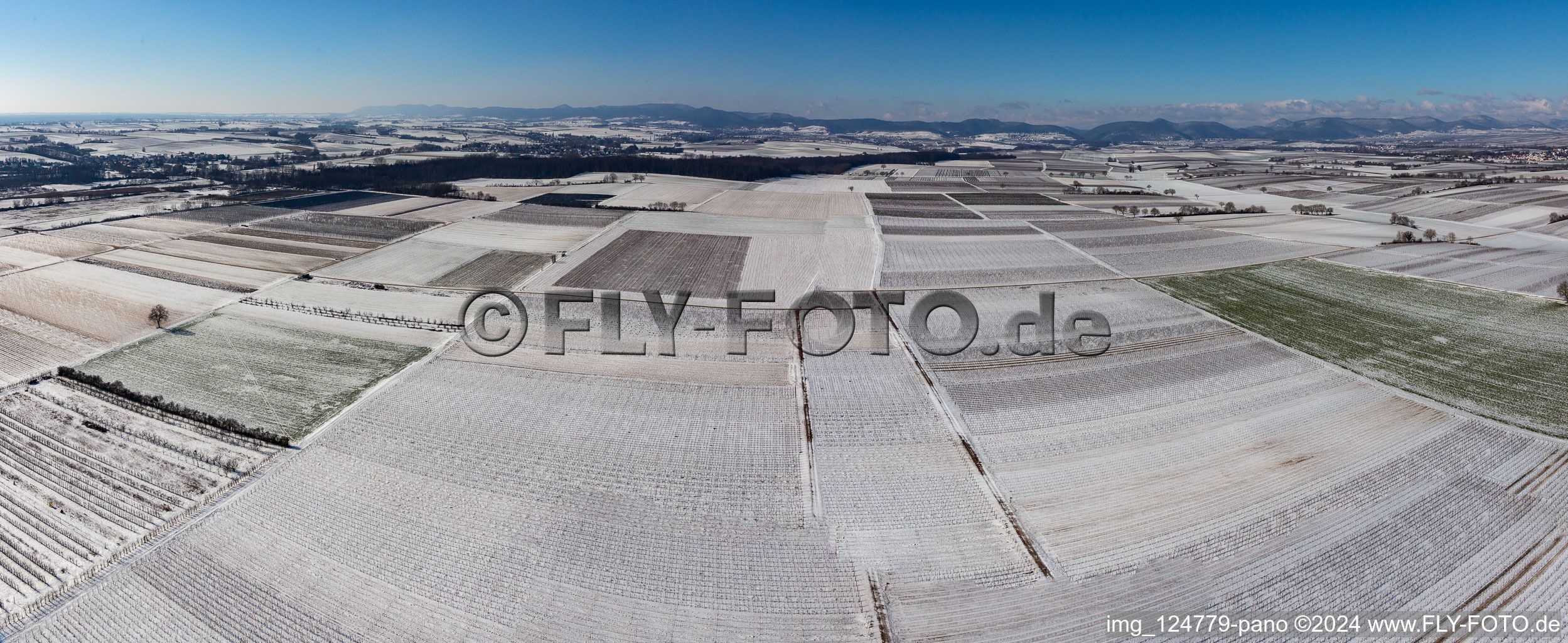 Winter aerial view in the snow in the district Mühlhofen in Billigheim-Ingenheim in the state Rhineland-Palatinate, Germany