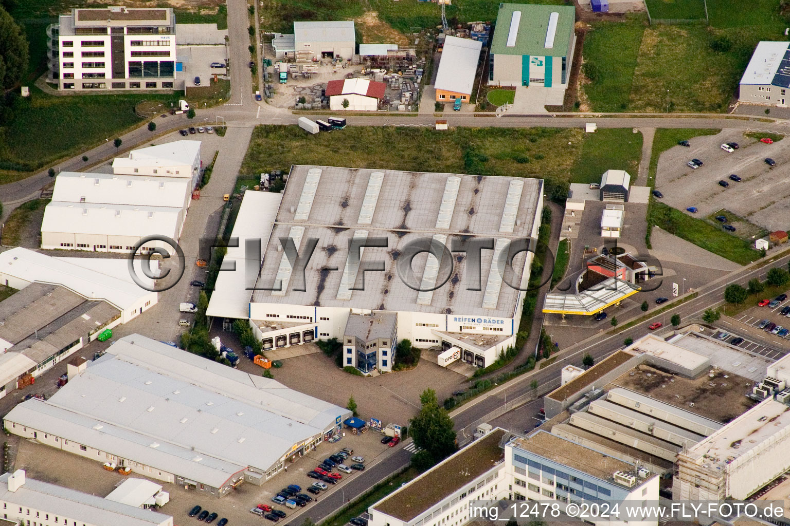 Ittersbach, industrial area in the district Im Stockmädle in Karlsbad in the state Baden-Wuerttemberg, Germany from a drone