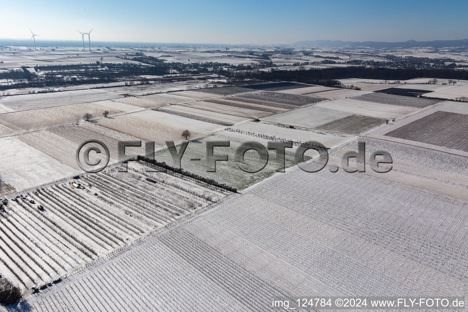 Aerial view of Winter aerial view in the snow in the district Mühlhofen in Billigheim-Ingenheim in the state Rhineland-Palatinate, Germany