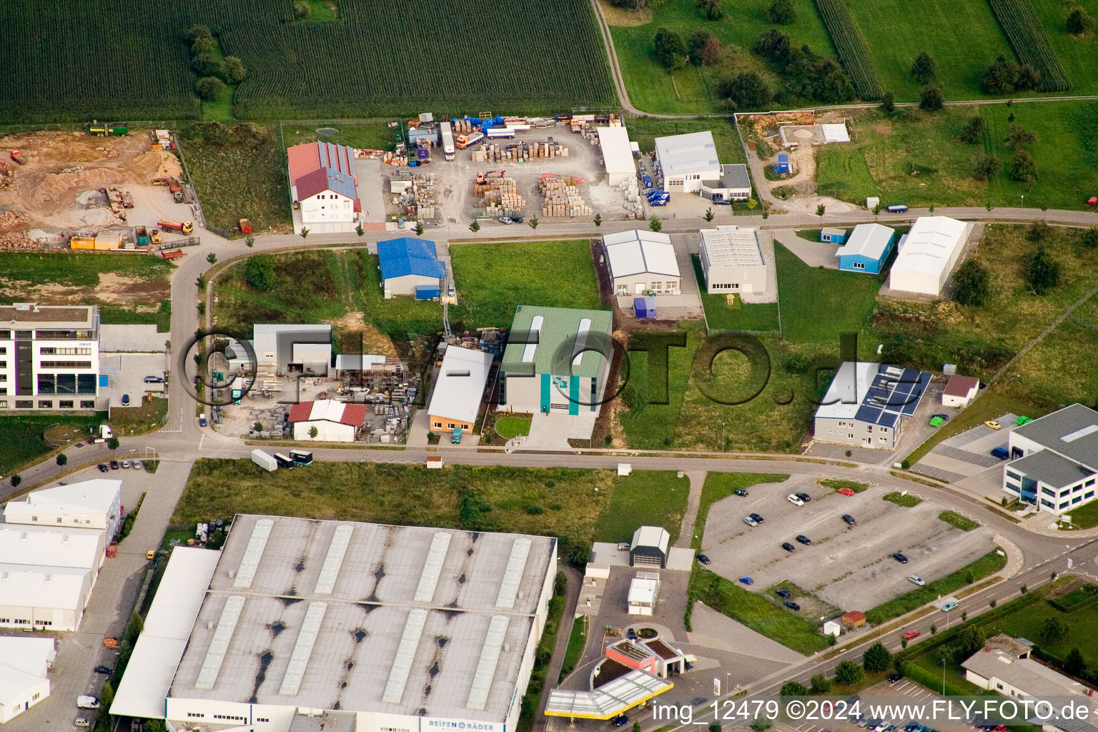 Ittersbach, industrial area in the district Im Stockmädle in Karlsbad in the state Baden-Wuerttemberg, Germany seen from a drone