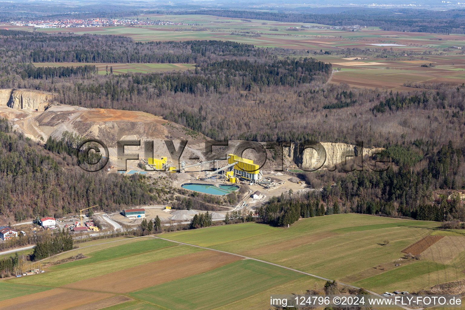 Aerial view of Quarry, Georg Mast gravel works, landfill in the district Sulz am Eck in Wildberg in the state Baden-Wuerttemberg, Germany