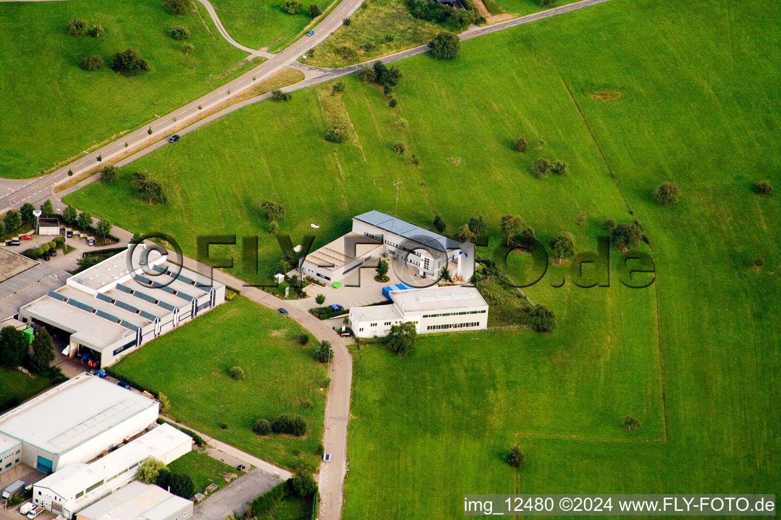 Aerial view of Ittersbach, industrial area in the district Im Stockmädle in Karlsbad in the state Baden-Wuerttemberg, Germany