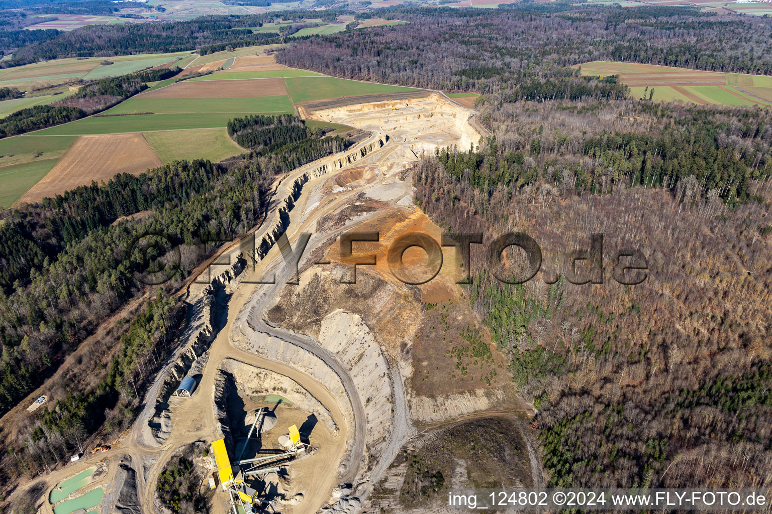 Quarry, Georg Mast gravel works, earth dump in Sulz am Eck in the state Baden-Wuerttemberg, Germany out of the air